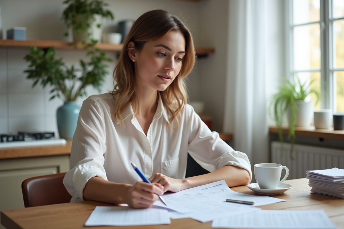 Femme en blouse regardant des documents fiscaux à la maison