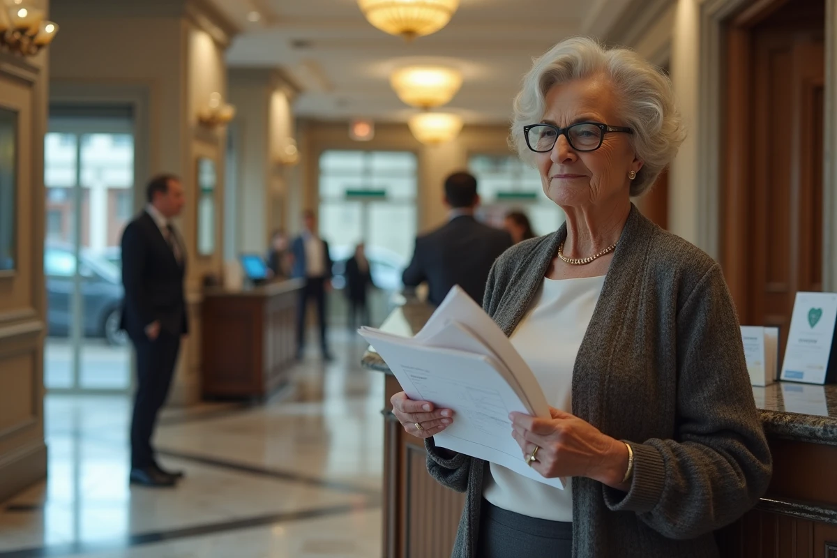 Femme senior parlant à un conseiller bancaire avec des documents en main
