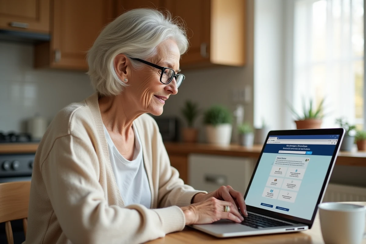 Femme senior tentant de résoudre un problème de connexion sur l'espace client Progéliance depuis sa cuisine