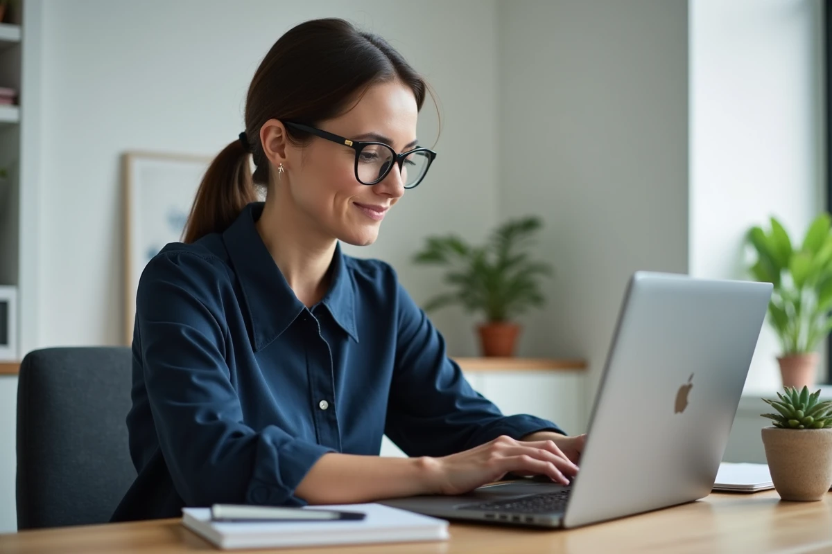 Femme utilisant les services en ligne du Crédit Agricole sur un ordinateur portable dans un bureau à domicile