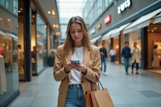 Femme décontractée avec carte UpCadhoc dans un centre commercial