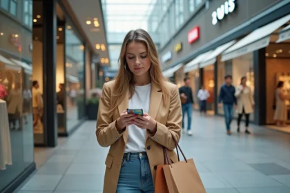 Femme décontractée avec carte UpCadhoc dans un centre commercial
