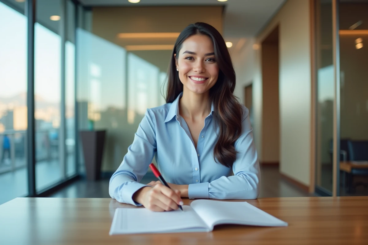 Jeune femme souriante signant des papiers dans une banque moderne