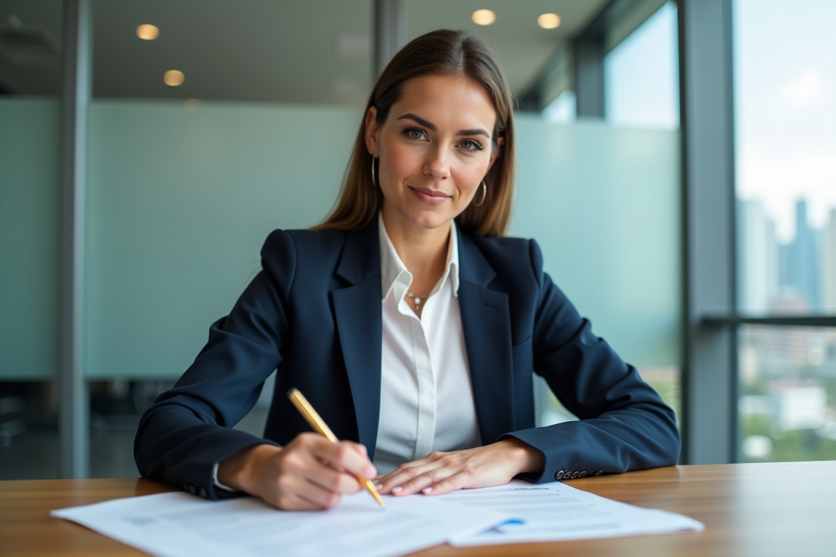 Femme d'affaires signant des documents de prêt immobilier