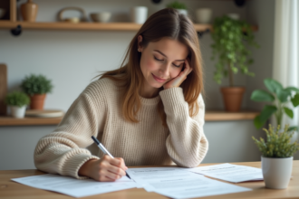 Femme signant un document d'assurance dans sa cuisine lumineuse
