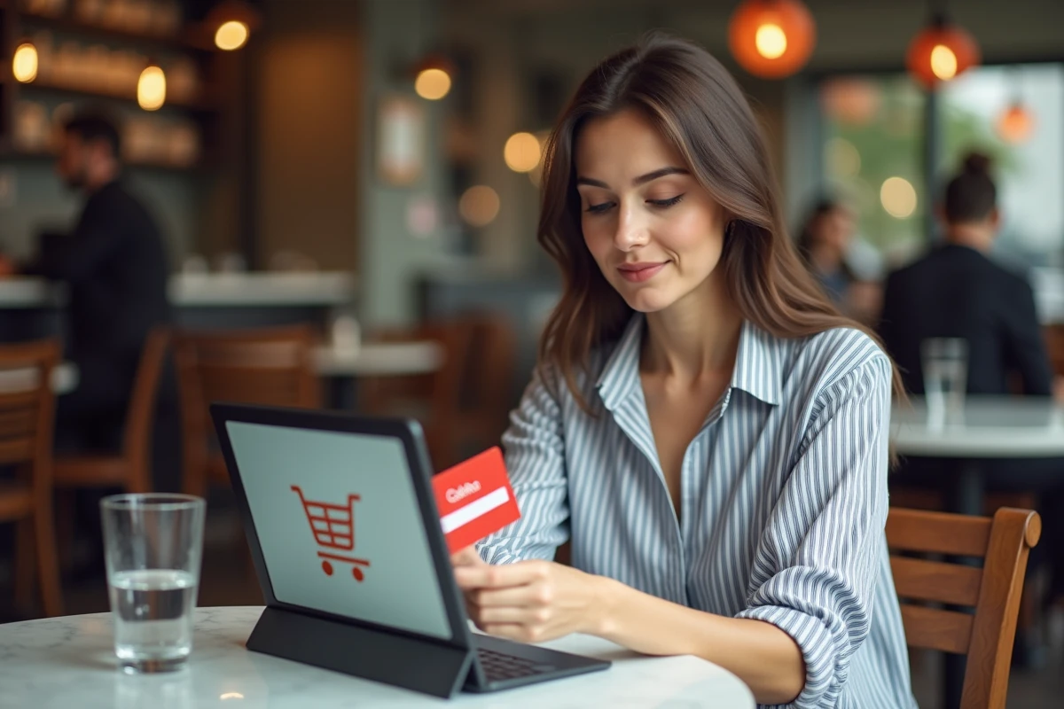 Femme comparant les enseignes acceptant la carte Cadhoc sur une tablette dans un café