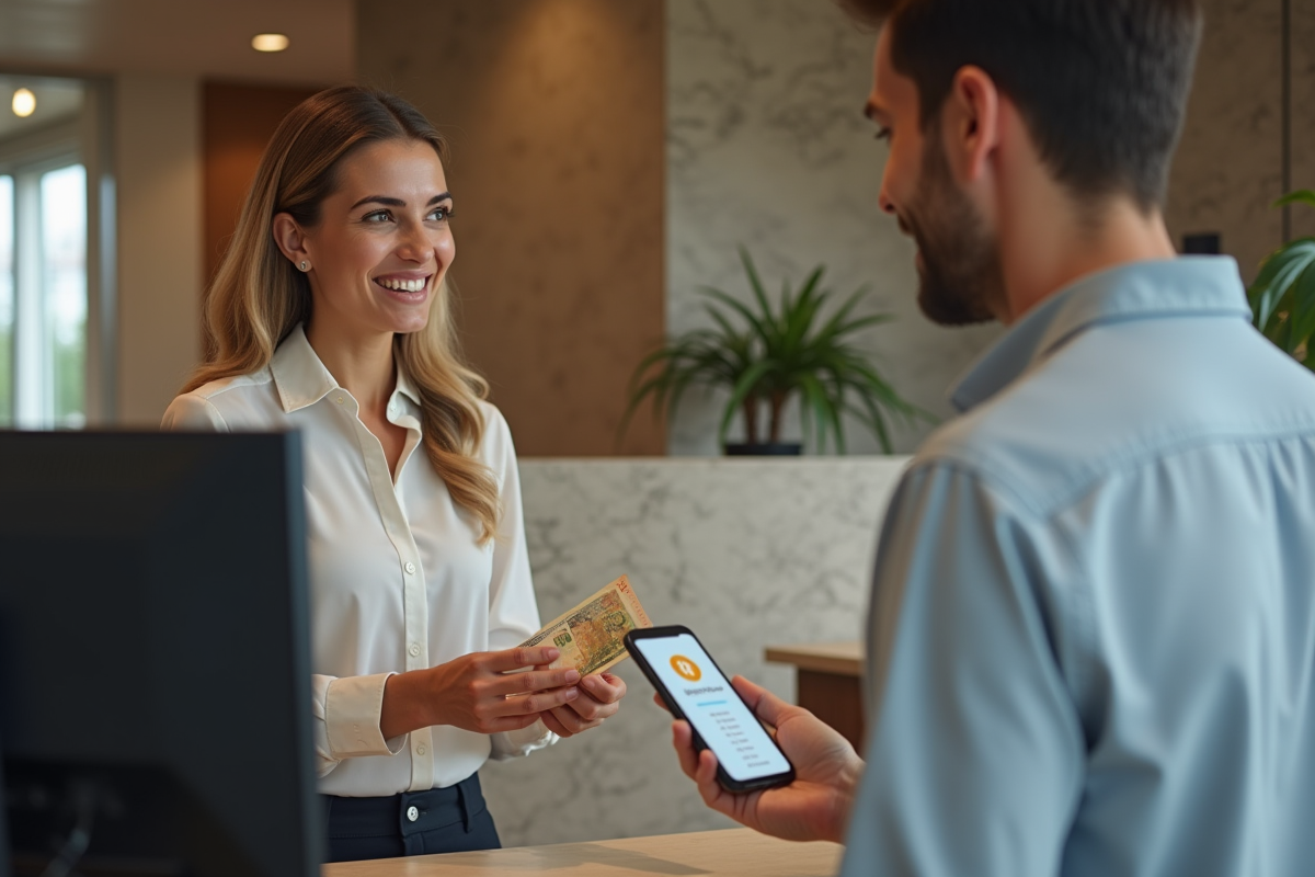 Femme souriante remettant un billet euro au guichet bancaire