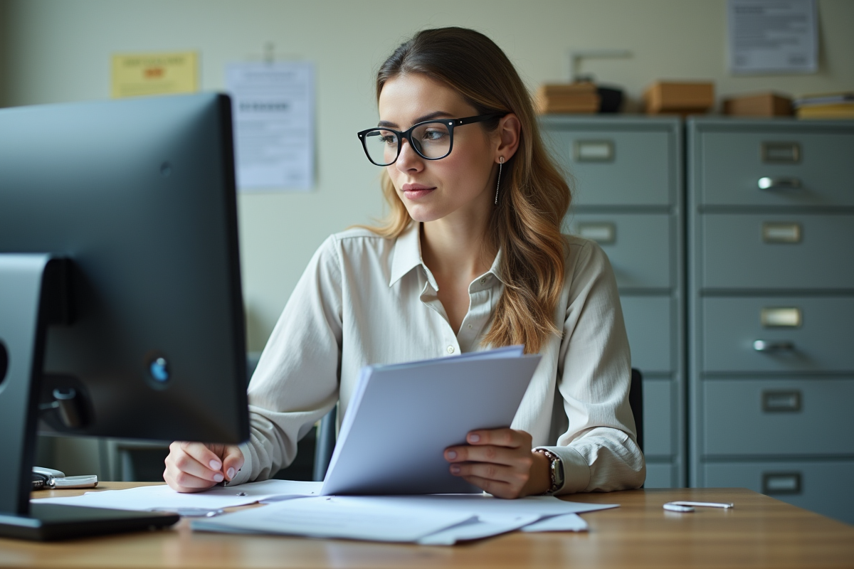 Femme agent administratif vérifiant une base de données