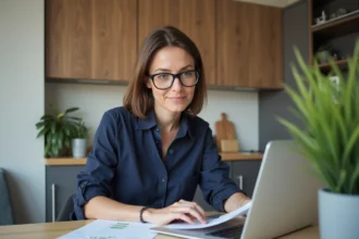 Femme en blouse navy travaillant sur un ordinateur à la maison