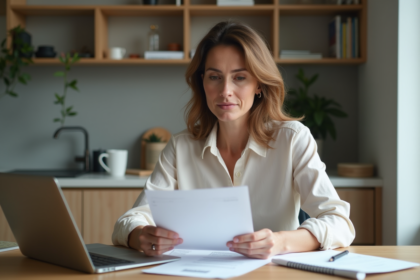 Femme d'âge moyen travaillant à la maison avec documents et ordinateur