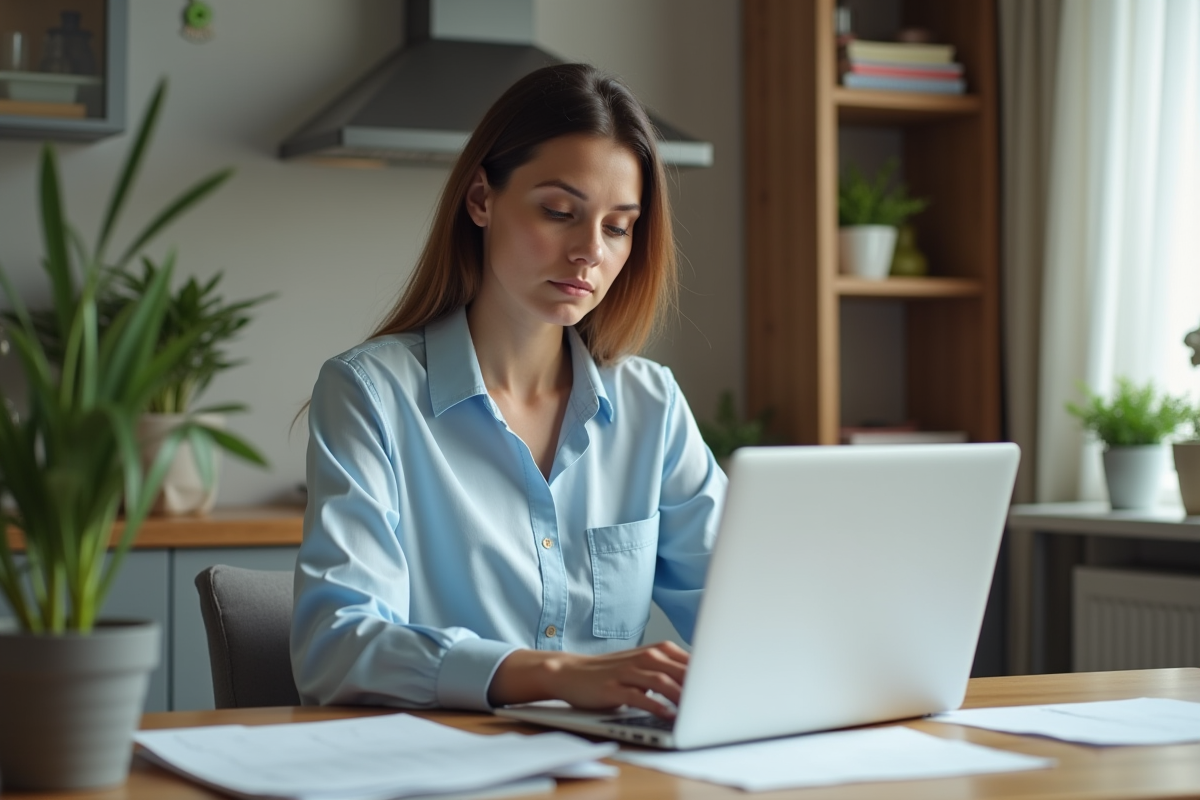 Femme concentrée travaillant à la maison dans une cuisine chaleureuse