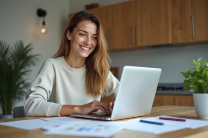 Femme souriante travaillant à la maison avec documents et ordinateur