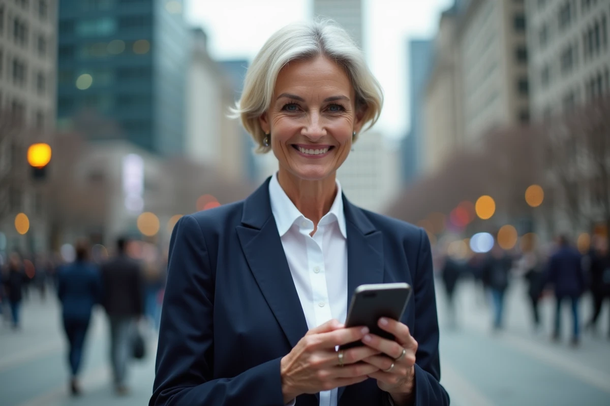 Femme d age moyen regardant son smartphone avec portefeuille crypto