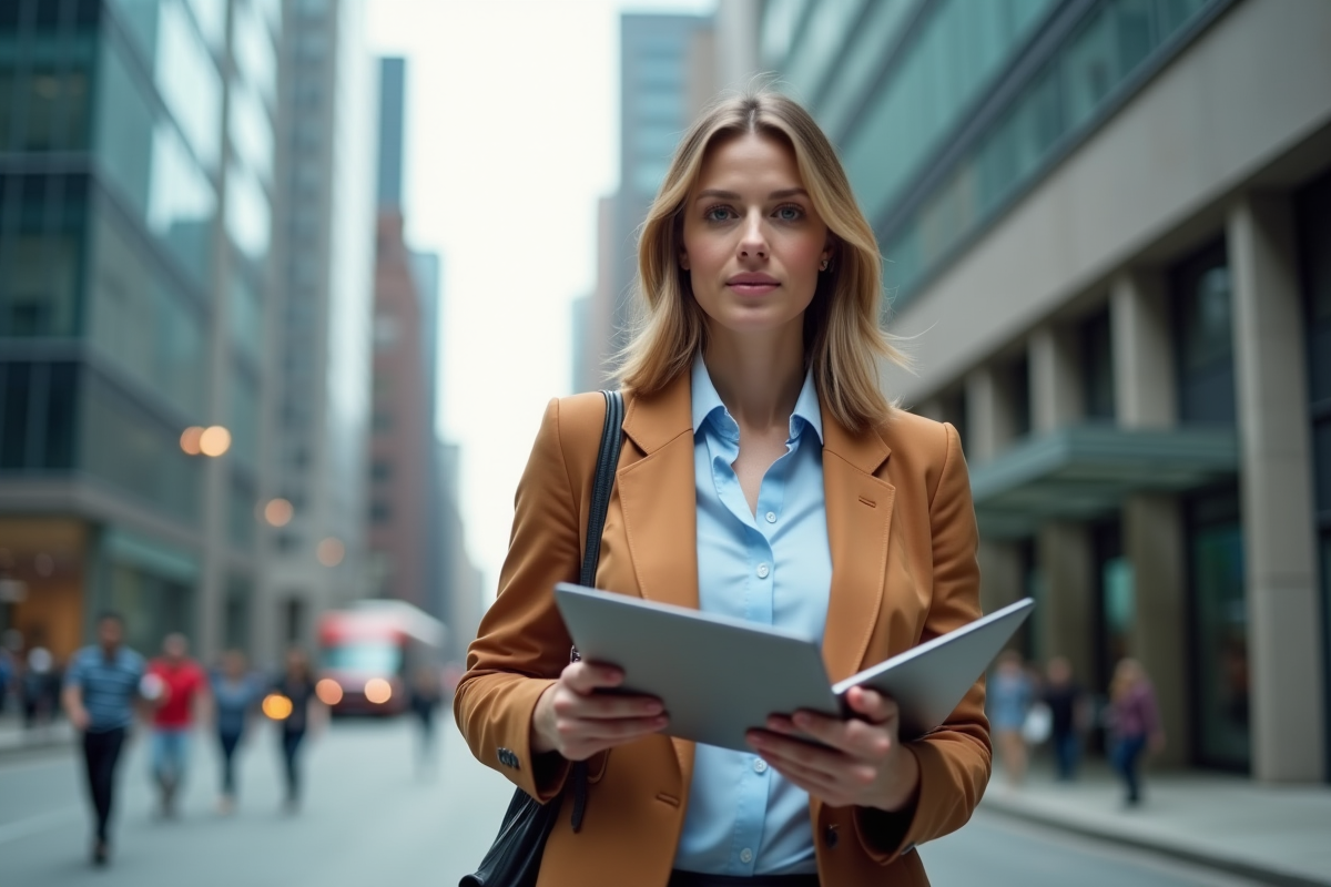 Jeune femme marchant dans un quartier financier urbain