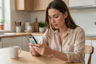 Femme consultant l'application Vinted sur son smartphone pour vérifier un virement Mangopay