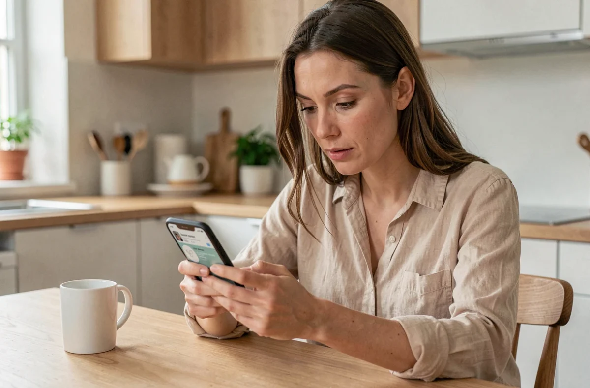 Femme consultant l'application Vinted sur son smartphone pour vérifier un virement Mangopay