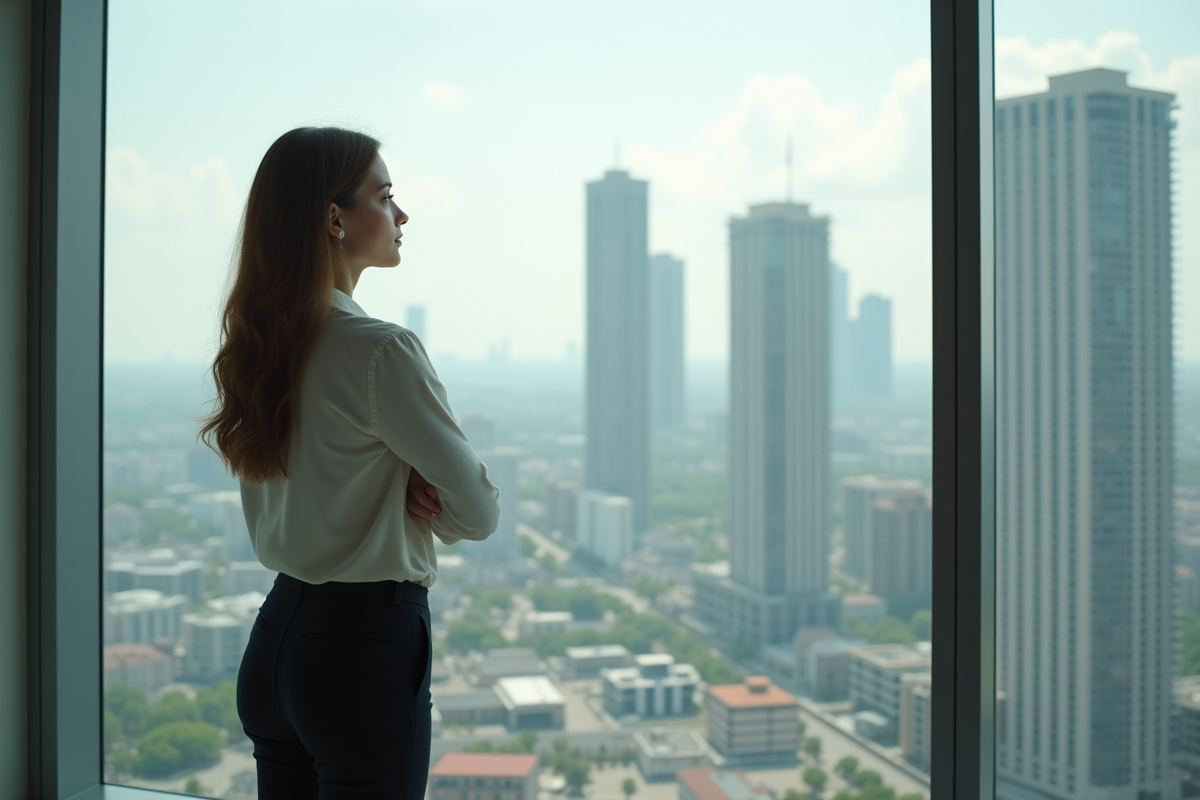 Jeune femme contemplant la ville depuis une fenêtre d