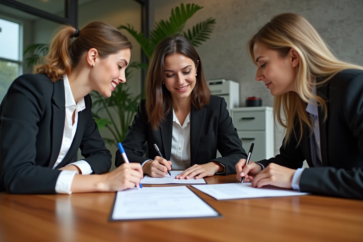 Deux femmes et un homme remplissant un formulaire Éco PTZ au bureau