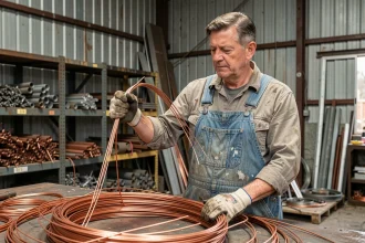 Ferrailleur inspectant un rouleau de câbles en cuivre dénudés dans un entrepôt de récupération de métaux