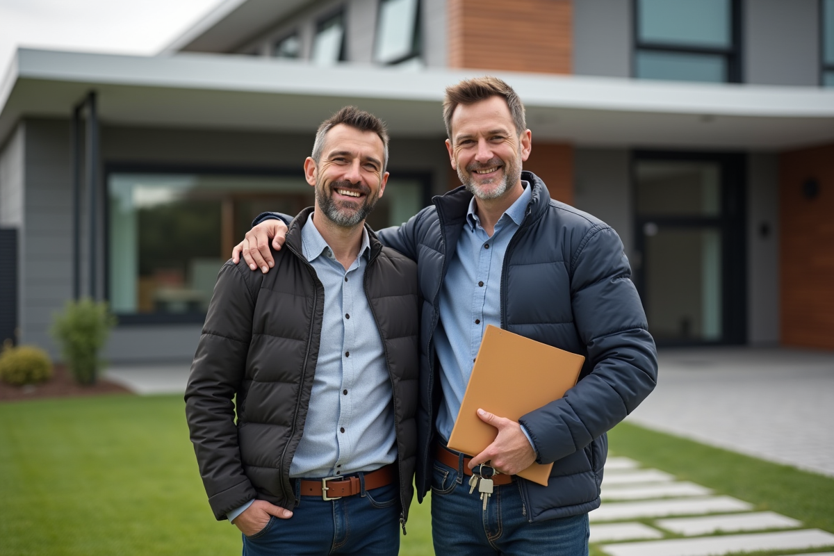 Fils et père devant la maison avec clés et documents en main