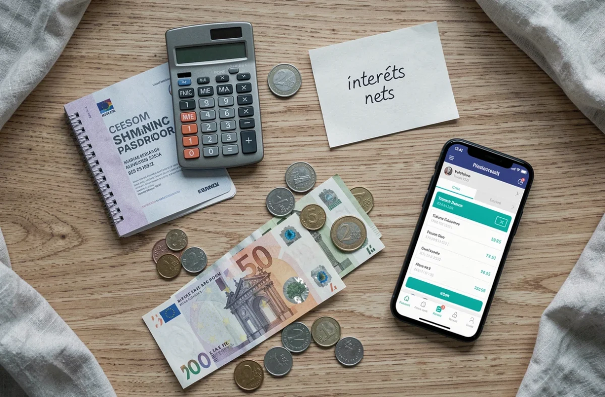 Vue aérienne d'un livret A, de billets en euros et d'une calculatrice sur un bureau, illustrant les intérêts nets d'impôts