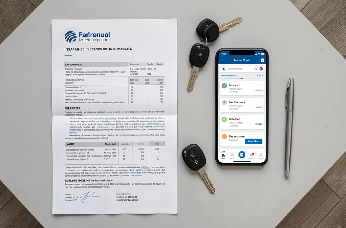 Vue aérienne d'un contrat d'assurance AMF, smartphone avec comparatif tarifaire et clés de voiture sur un bureau