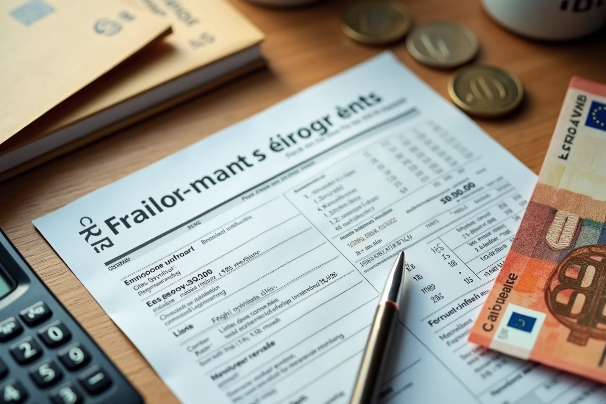 Vue de dessus d'un bureau avec relevé bancaire, billets en euros et graphique de taux d'inflation pour un compte à terme