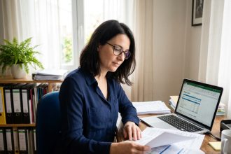 Fonctionnaire analysant ses finances personnelles et ses mensualités sur un bureau à domicile