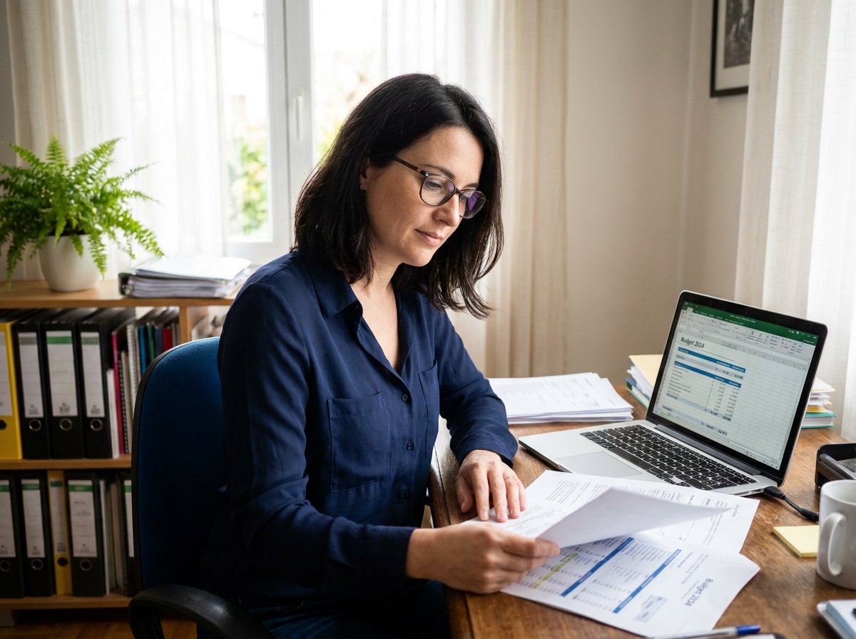 Fonctionnaire analysant ses finances personnelles et ses mensualités sur un bureau à domicile