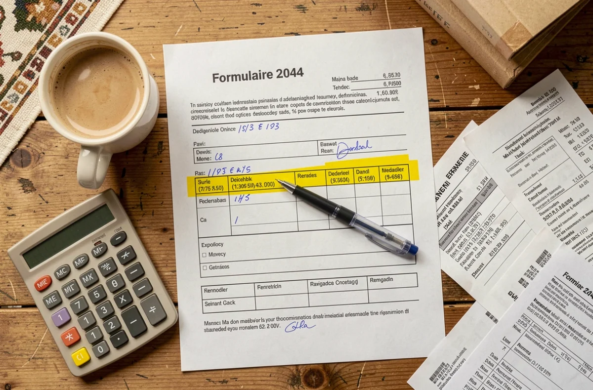 Vue aérienne d'un formulaire 2044 annoté sur un bureau avec calculatrice et justificatifs de travaux pour la déclaration 2026