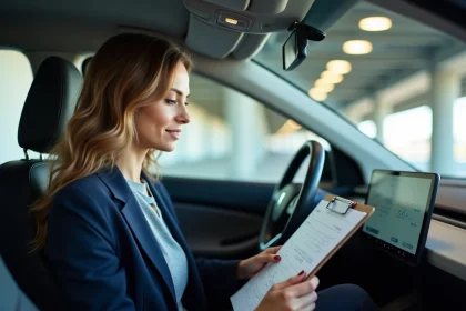 Femme professionnelle dans une voiture électrique consultant des documents de frais kilométriques 2026