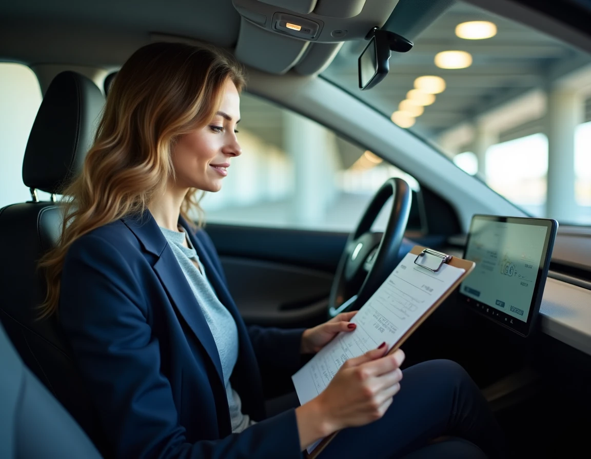 Femme professionnelle dans une voiture électrique consultant des documents de frais kilométriques 2026