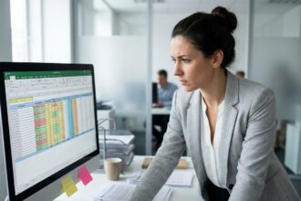 Femme cadre analysant un tableau Excel de suivi des litiges clients dans un bureau moderne