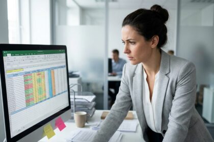 Femme cadre analysant un tableau Excel de suivi des litiges clients dans un bureau moderne