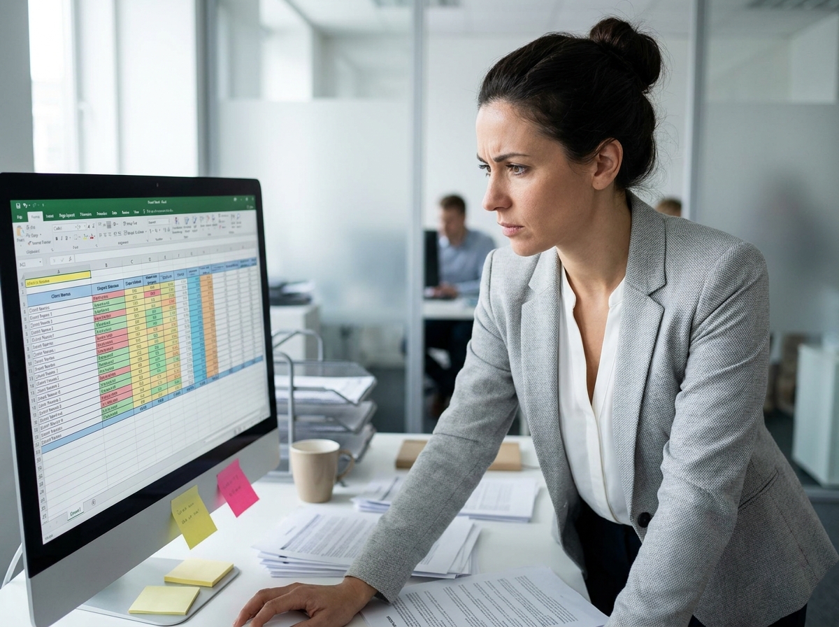 Femme cadre analysant un tableau Excel de suivi des litiges clients dans un bureau moderne