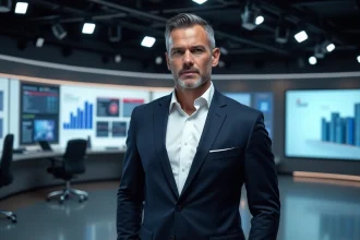 Homme d'affaires en costume devant des écrans de production médiatique dans un studio moderne