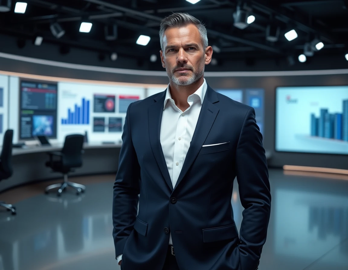 Homme d'affaires en costume devant des écrans de production médiatique dans un studio moderne