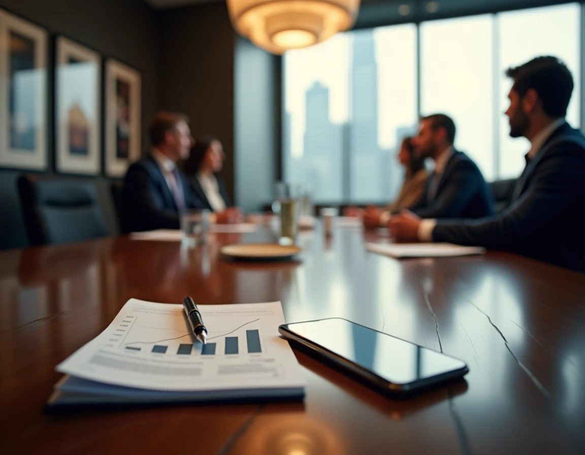 Table de salle de conseil avec documents financiers et reflets d'executives lors d'une réunion stratégique médiatique