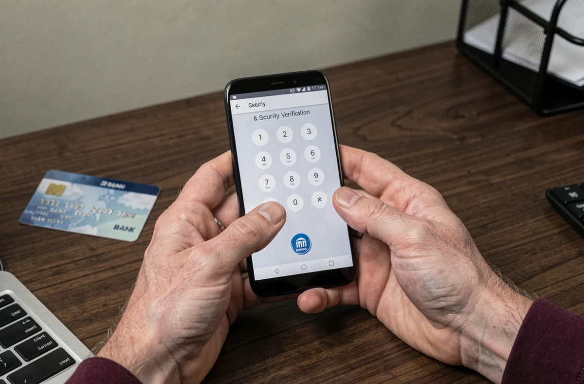 Gros plan sur des mains tenant un smartphone affichant un code de vérification pour sécuriser un compte Cyberplus Bp du Sud