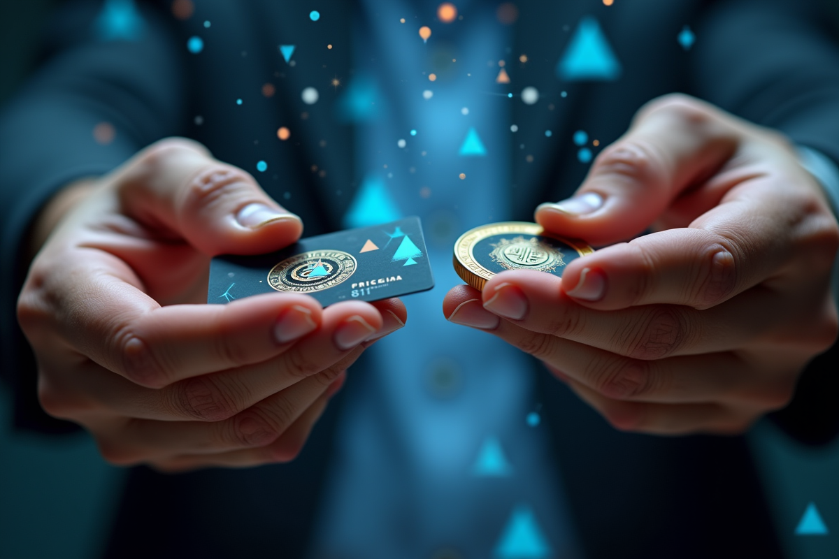 Groupe de mains tenant une pièce et une carte digitale avec graphiques blockchain