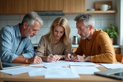 Trois adultes en cuisine moderne travaillant sur un formulaire Éco PTZ