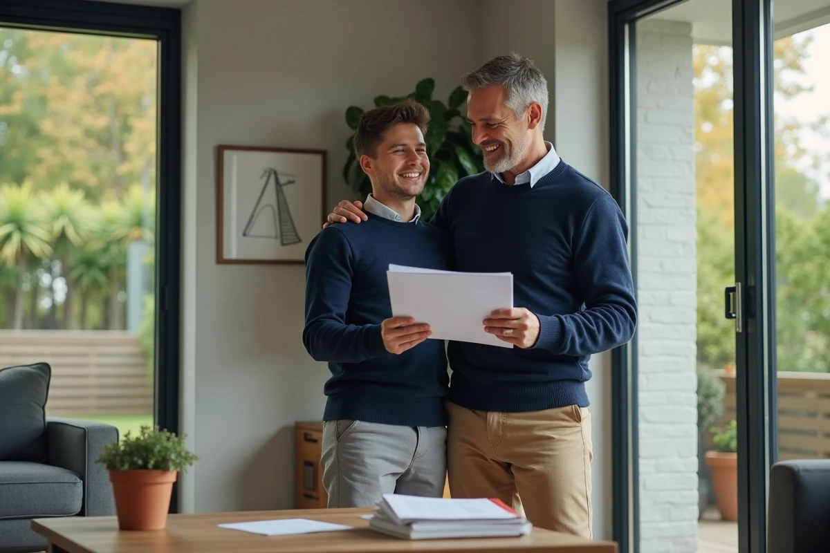 Homme d age moyen avec son fils tenant un dossier dans un salon moderne