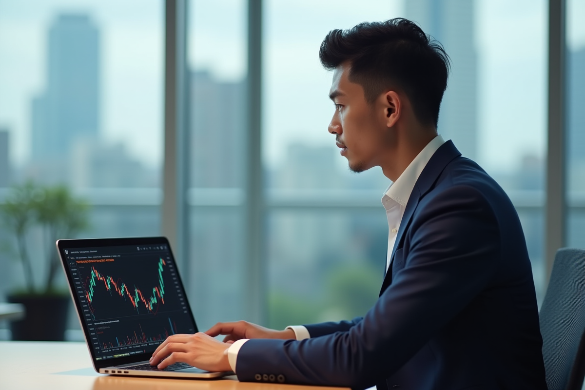 Jeune homme en costume analysant un graphique Bitcoin