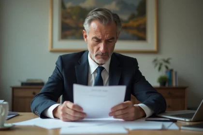 Homme d'affaires en costume lisant une lettre officielle