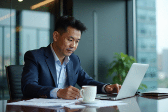 Homme d affaires asiatique en costume navy en réunion