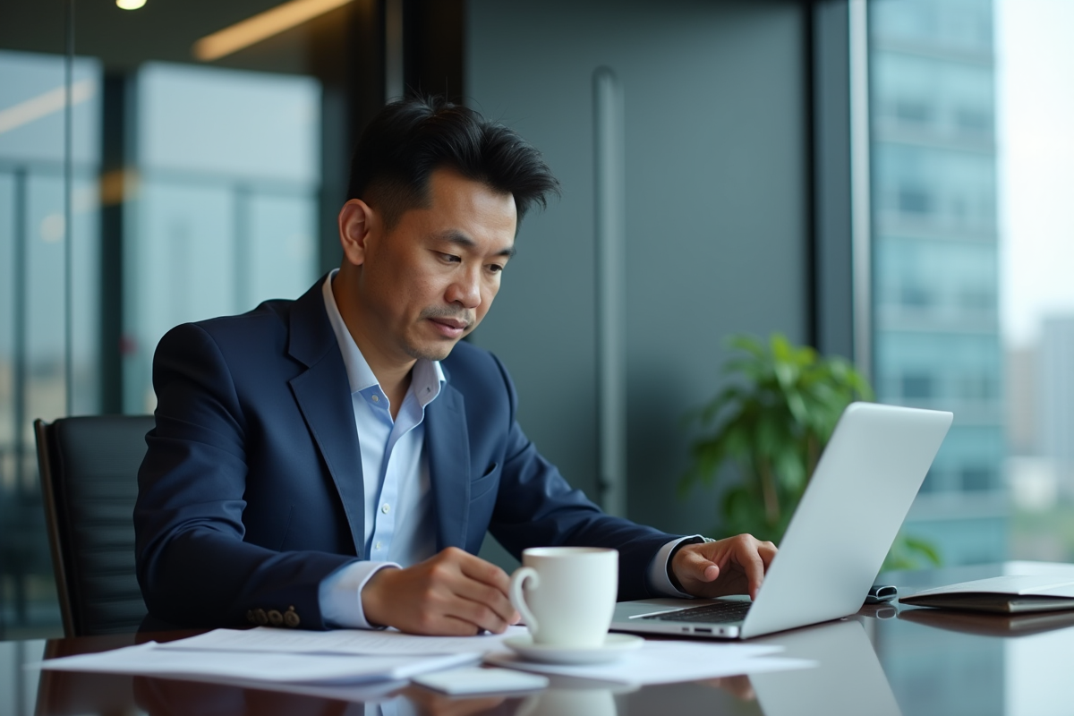 Homme d affaires asiatique en costume navy en réunion