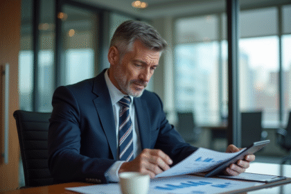 Homme d'affaires en costume regardant des graphiques financiers