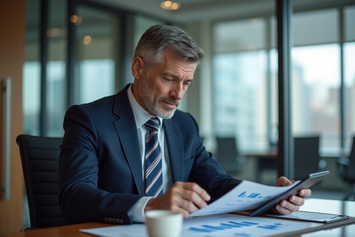 Homme d'affaires en costume regardant des graphiques financiers