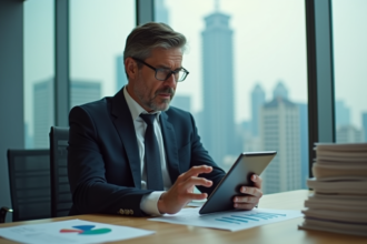 Homme d'affaires examine un rapport de quota carbone sur tablette