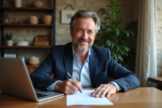 Homme d'affaires signant des papiers dans un appartement français